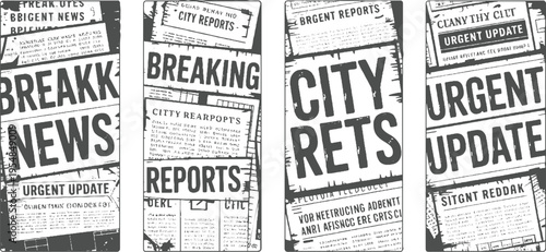 Four newspaper sections with bold headlines B R E A K I N G N E W S C I T Y R E P O R T S and U R G E N T U P D A T E in grayscale