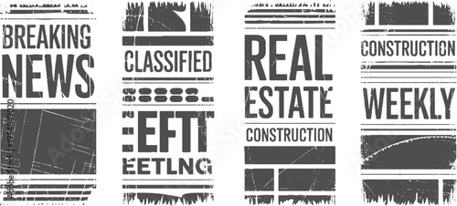 Four distressed dark gray newspaper mastheads with text breaking news classified real estate construction weekly