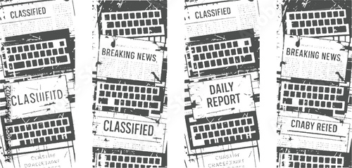 Four panels of newspaper clippings with keyboards and text classified breaking news daily report