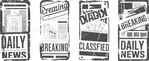 Four distressed newspaper stamp featuring headlines and architectural vintage retro