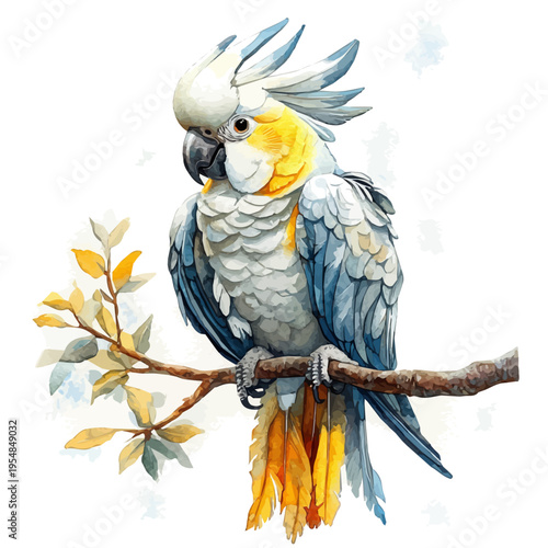 Cockatoo, watercolor drawing vector, isolated on a white background.