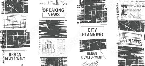 Newspaper clippings with urban planning and breaking news headlines and abstract textures