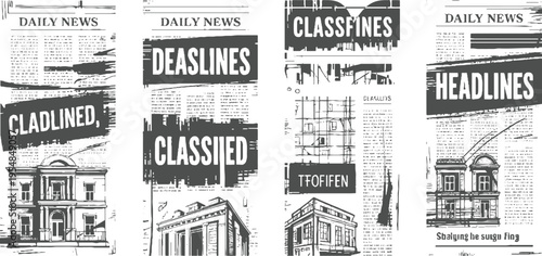 Four newspaper pages with headlines and architectural in a monochromatic style daily classified