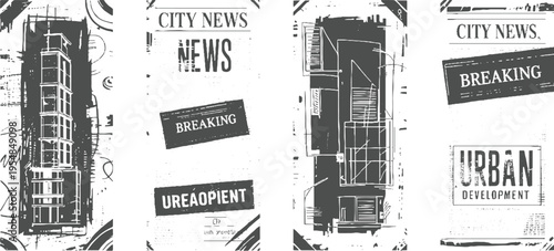 Four newspaper style panels featuring architectural and headlines like City News Breaking and Urban Development in a distressed monochrome style
