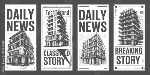 Four newspaper pages with building and headlines like Daily News Classified Story and Breaking Story