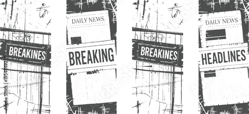 Four panels of newspaper headlines and breaking news in a distressed style daily