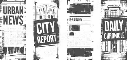 Four newspaper pages with headlines Urban News City Report and Daily Chronicle in monochrome