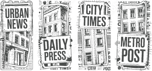 Four vintage newspaper style panels featuring urban buildings and bold headlines like Urban News Daily Press City Times and Metro Post