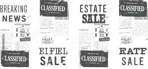 Vintage newspaper clippings with classified ads and estate sale announcements featuring building
