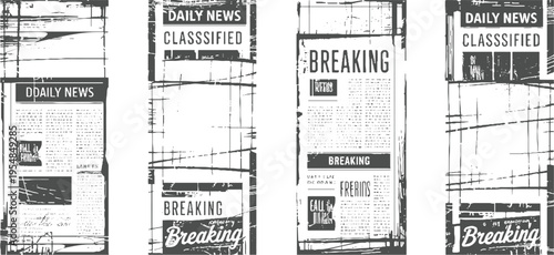 Four vertical newspaper sections with breaking news and classified ads in a distressed grunge style