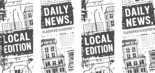 Four panels of newspaper front pages showing daily news and local edition headlines with vintage building