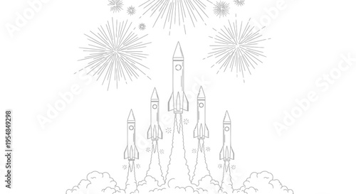 Set of 6 rocket ships launching with fireworks vector