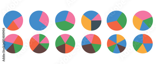 circle division infographic icon, six seven eight part pie chart, color-coded infographic flower diagram, round segmented chart, vector illustration for business data analysis