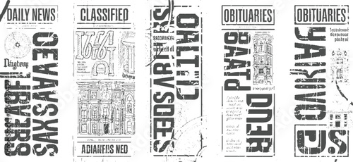 Vintage newspaper pages with classified ads daily news and obituaries in grayscale