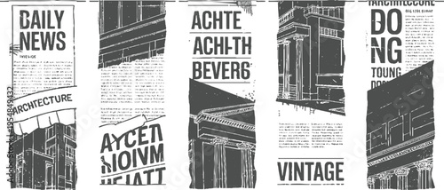 Vintage newspaper clippings with architectural and bold typography architecture