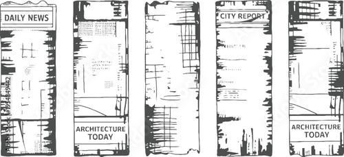 Five vertical newspaper sections with headlines Daily News City Report and Architecture Today