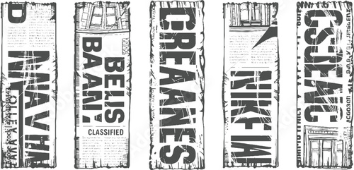 Vertical newspaper columns with large bold text and distressed textures