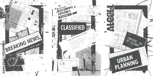 Collage of newspaper clippings with text and architectural plans in grayscale