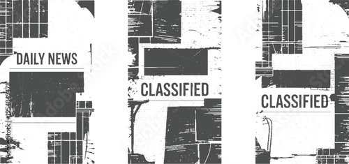 Three panels of distressed newspaper pages with text and dark rectangular blocks classified daily