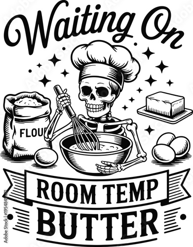 Skeleton chef waiting on room temp butter with baking ingredients