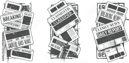 Stacked newspapers with breaking news classified ads and daily reports in grunge style