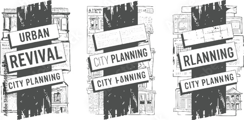 Three panels depicting urban revival and city planning with sketched buildings and newspaper text