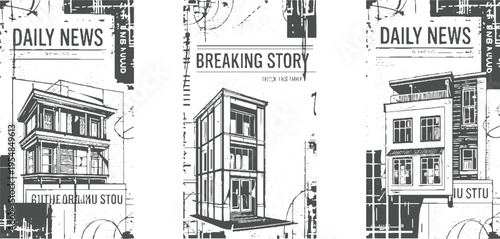 Three monochrome newspaper style of buildings with text architecture black