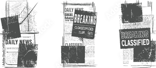 Sketchy building and newspaper collage with breaking classified news daily