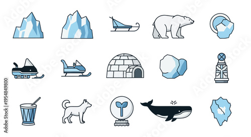 Arctic Icons: Polar Bear, Igloo, Sled, Snowmobile, Whale, Icebergs, Dog, Drum
