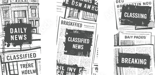 Three newspaper stacks with bold text overlays reading daily news classified news and breaking news in a monochromatic style