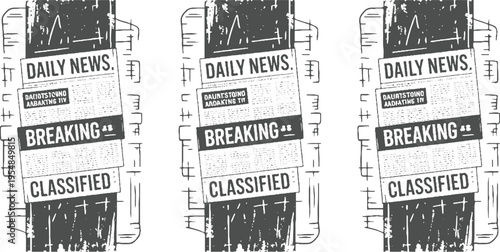 Three stacked newspapers with headlines D A I L Y N E W S B R E A K I N G C L A S I F I E D in a style