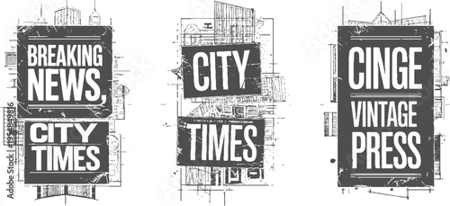 Three vintage newspaper mastheads with city skyline and grunge textures