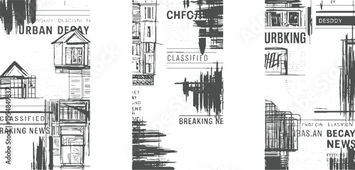 Grayscale of urban decay and classified news headlines on textured paper