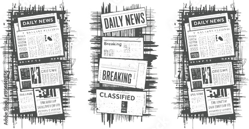 Three stylized newspaper stacks with headlines daily news breaking and classified in a sketchy monochrome
