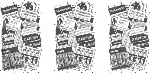 Collage of newspaper headlines and classified ads with urban development and breaking news themes