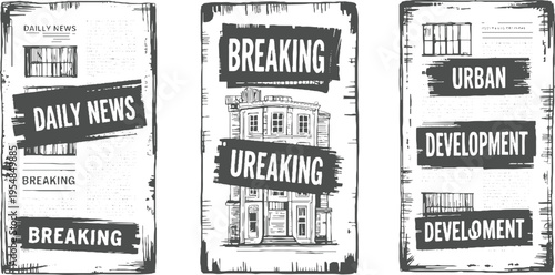 Three vintage newspaper style panels with text and of buildings and headlines breaking daily