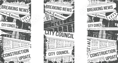 Collage of newspaper headlines announcing breaking news city council and construction updates with distressed borders