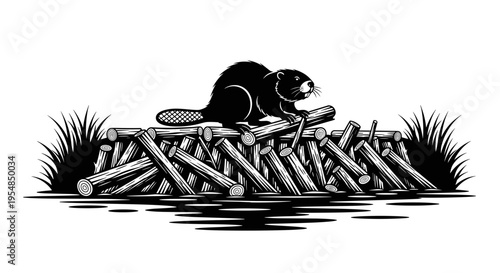 Beaver on a woodpile dam.