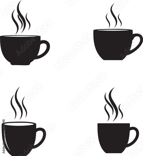 Four black coffee cups with steam rising are placed on a table indoors.
