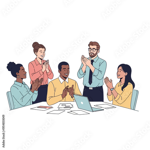 Diverse team applauding in a meeting, celebrating success and teamwork