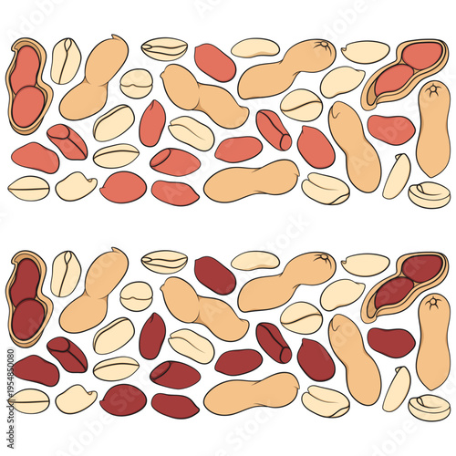 Set of color illustrations with peanuts. Isolated vector objects on white background.