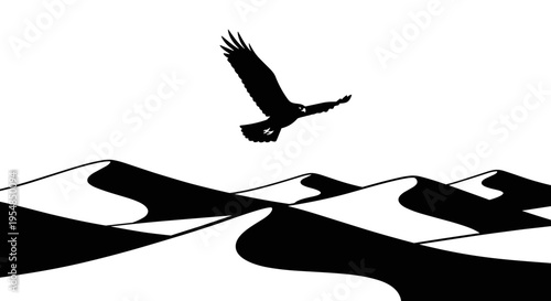 Bird flying over sand dunes.