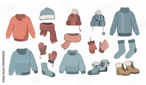 Cute cozy winter clothes doodles vector set with colorful sweaters, hats, mittens, scarves, gloves, socks, and shoes for print and decor