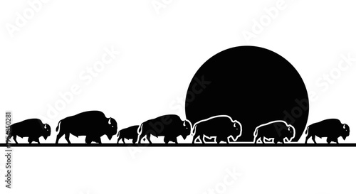 Bison Silhouettes Walking Sunset.
