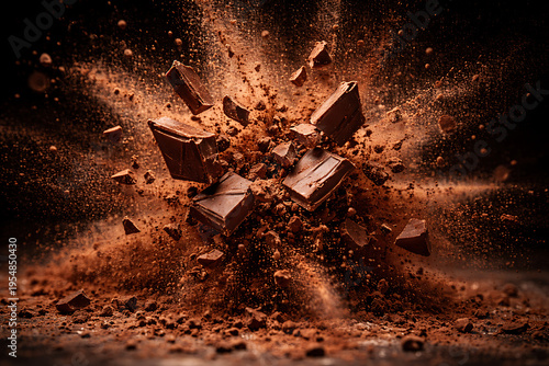 Dynamic Explosion of Dark Chocolate Pieces and Cocoa Powder