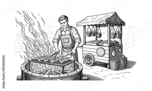 Traditional Street Food Market Stall Vector Illustration
