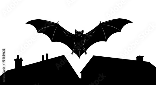 Black Bat Flying Over Roofs.