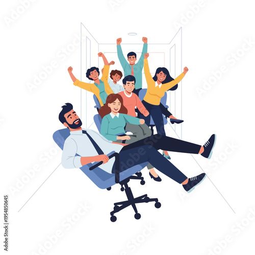 Happy Office Team Riding Office Chairs Down Hallway, Celebrating Success