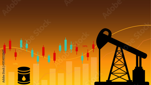 Oil Barrel and Pump Jack with Financial Market Chart Showing Price Increase and Trending Oil Prices, Vector Illustration