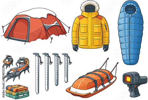 Winter Mountaineering and Cold-Weather Camping Gear Vector Illustration – Tent, Jacket, Sleeping Bag, and Outdoor Equipment
